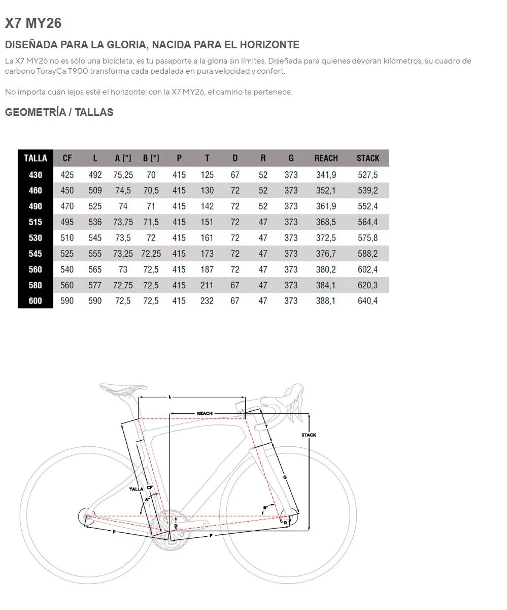Pinarello X7 Ultegra Di2 2x12v Fulcrum Racing 800 2026 E341 Xpeed Blue - Geometría